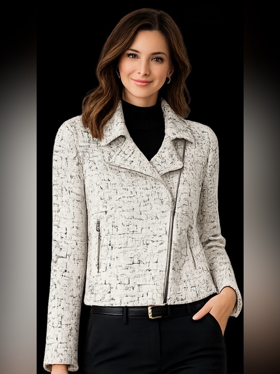 Max Studio Jackets & Blazers - Max Studio Bouclé Tweed Jacket SM Black White Parisian Inspired Blazer Moto Zip